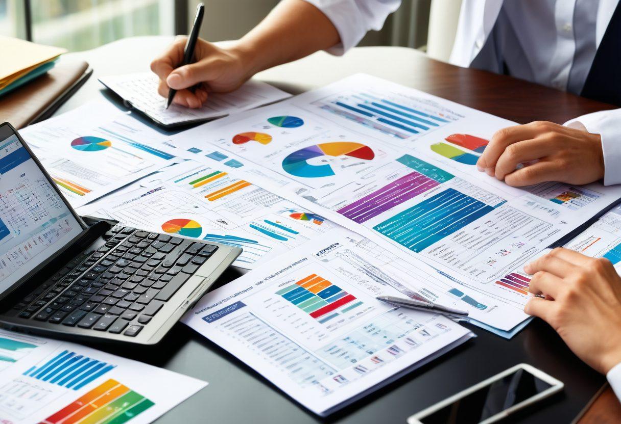 A visually engaging scene depicting a person analyzing various auto insurance documents spread out on a table, with a calculator and a laptop showing insurance comparison charts. In the background, an infographic highlights key auto coverage terms, such as 'premium', 'deductible', and 'liability'. Bright and vibrant colors to emphasize clarity and professionalism. modern vector art style.