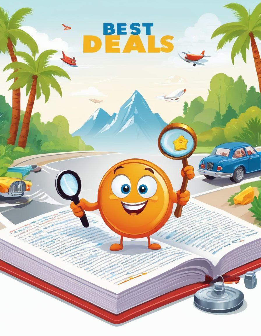 A visually engaging guidebook featuring a car navigating through a landscape filled with various insurance symbols like shields, dollar signs, and checklists. The book should be open to a page titled 'Best Deals', with a cheerful character holding a magnifying glass, conveying a sense of discovery and savings. Bright, inviting colors to evoke excitement about affordable coverage, with a backdrop of roads and friendly insurance agents assisting. vibrant colors. vector art. white background.