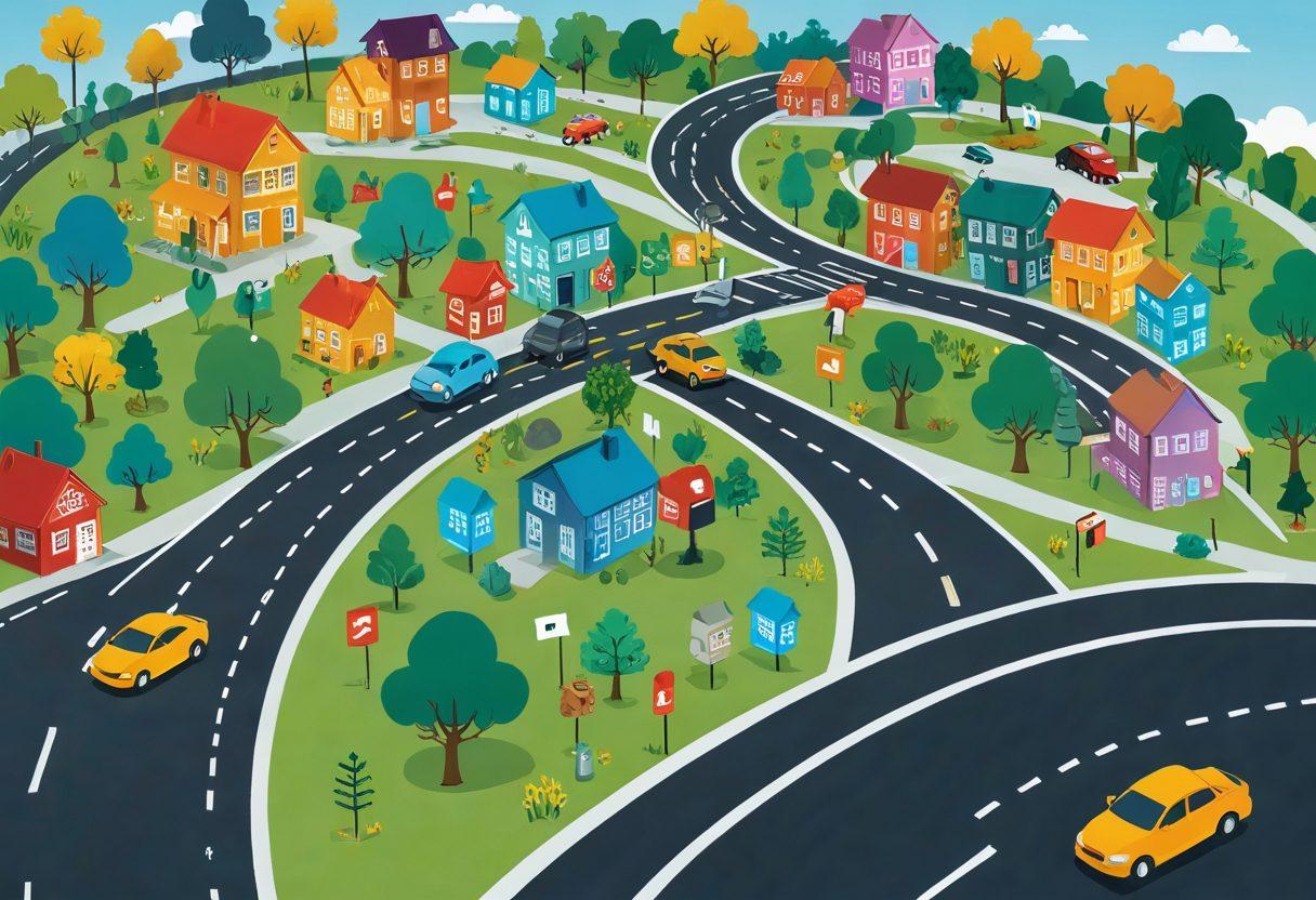A visually engaging roadmap winding through a landscape representing various insurance options, with icons symbolizing affordable full coverage insurance and customized protection plans. The scene includes a diverse group of happy families and individuals reviewing their plans together at checkpoints. Bright, inviting colors to evoke trust and security. Include visual elements like shields, checkmarks, and calculators. super-realistic. vibrant colors.